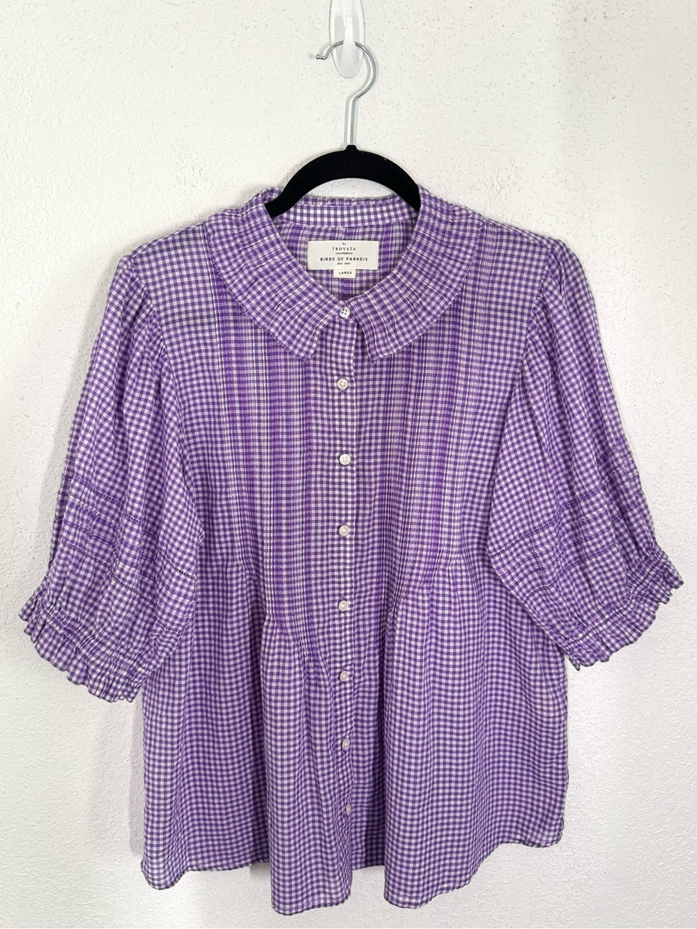 Birds of Paradis by Trovata Jess Puff Sleeve Blouse in Lilac Gingham Plaid Large - Picture 3 of 7